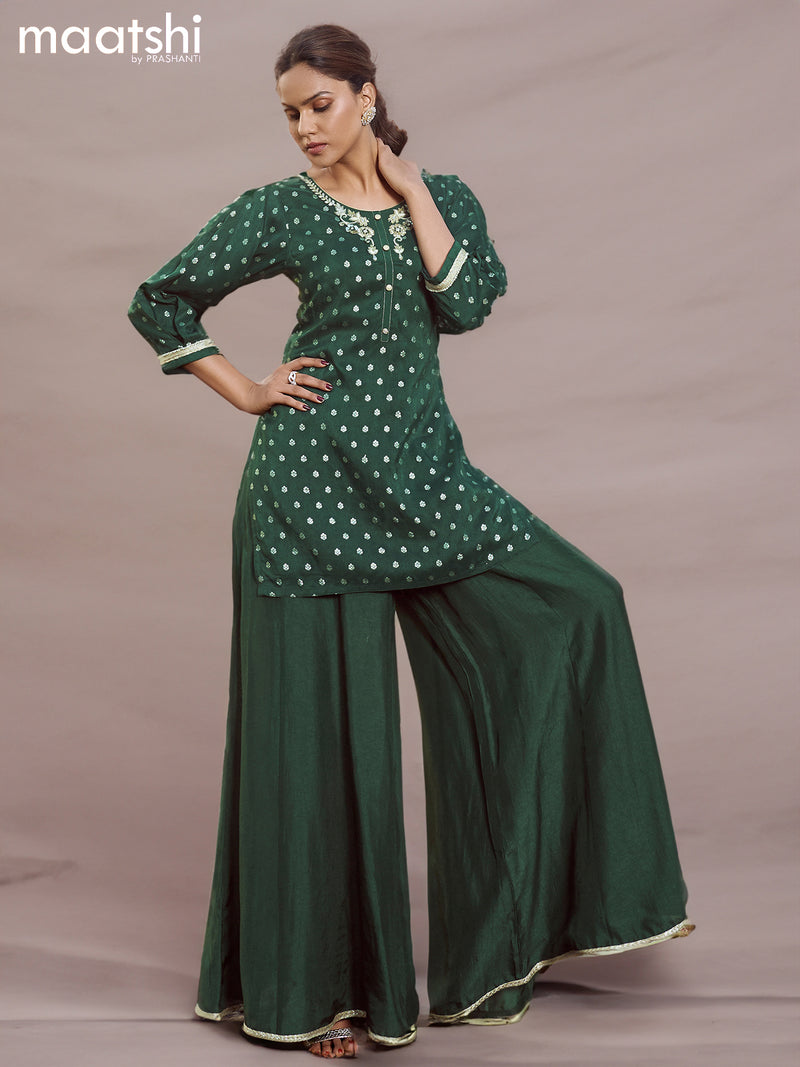 Raw silk readymade party wear kurti set dark green with butta prints & zardosi work neck pattern and elephant palazzo pant
