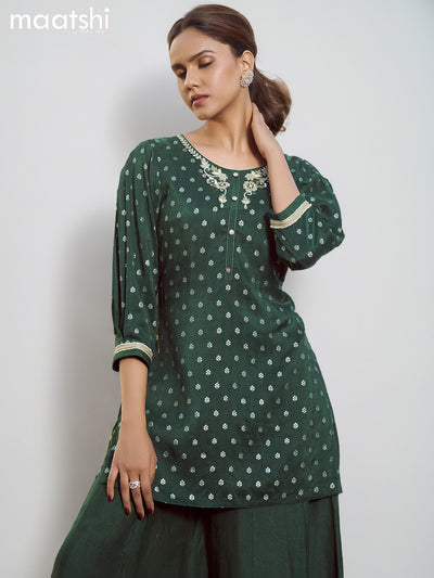 Raw silk readymade party wear kurti set dark green with butta prints & zardosi work neck pattern and elephant palazzo pant