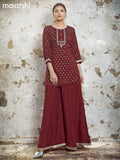 Raw silk readymade Festive wear kurti set maroon with butta prints & zardosi work neck pattern and elephant palazzo pant