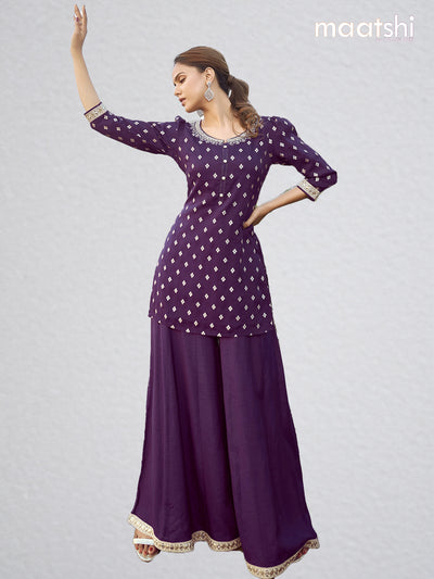 Raw silk readymade party wear kurti set deep purple with butta prints & beaded work neck pattern and elephant palazzo pant