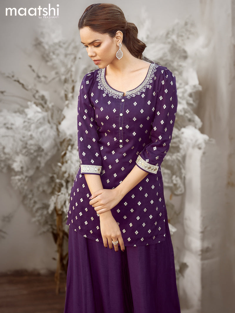 Blissful Grey Colored Partywear Embroidered Cotton Slub Kurti Palazzo