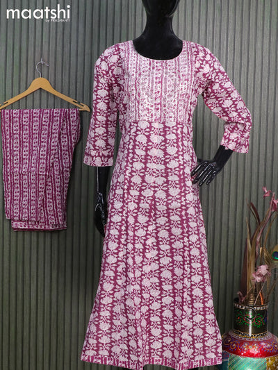 Cotton readyamade umbrella salwar suits maroon shade with allover prints & sequin work neck pattern and straight cut pant