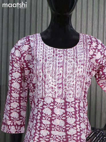 Cotton readyamade umbrella salwar suits maroon shade with allover prints & sequin work neck pattern and straight cut pant