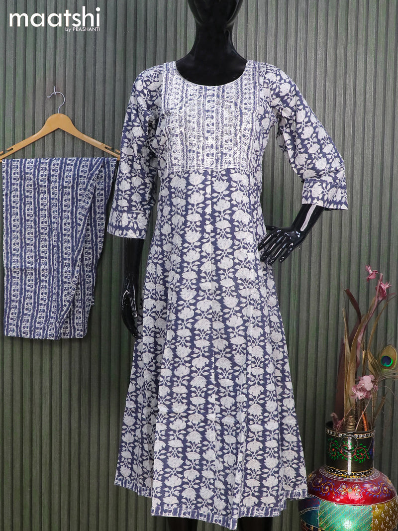 Cotton readyamade umbrella salwar suits bluish grey with allover prints & sequin work neck pattern and straight cut pant