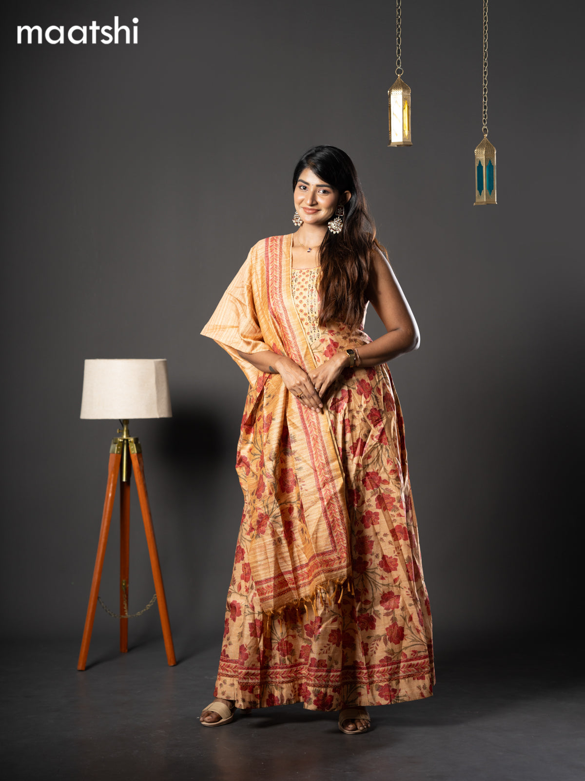 Chanderi readymade anarkali salwar suit mustard shade with allover prints & zardosi work neck pattern and straight cut pant & printed dupatta