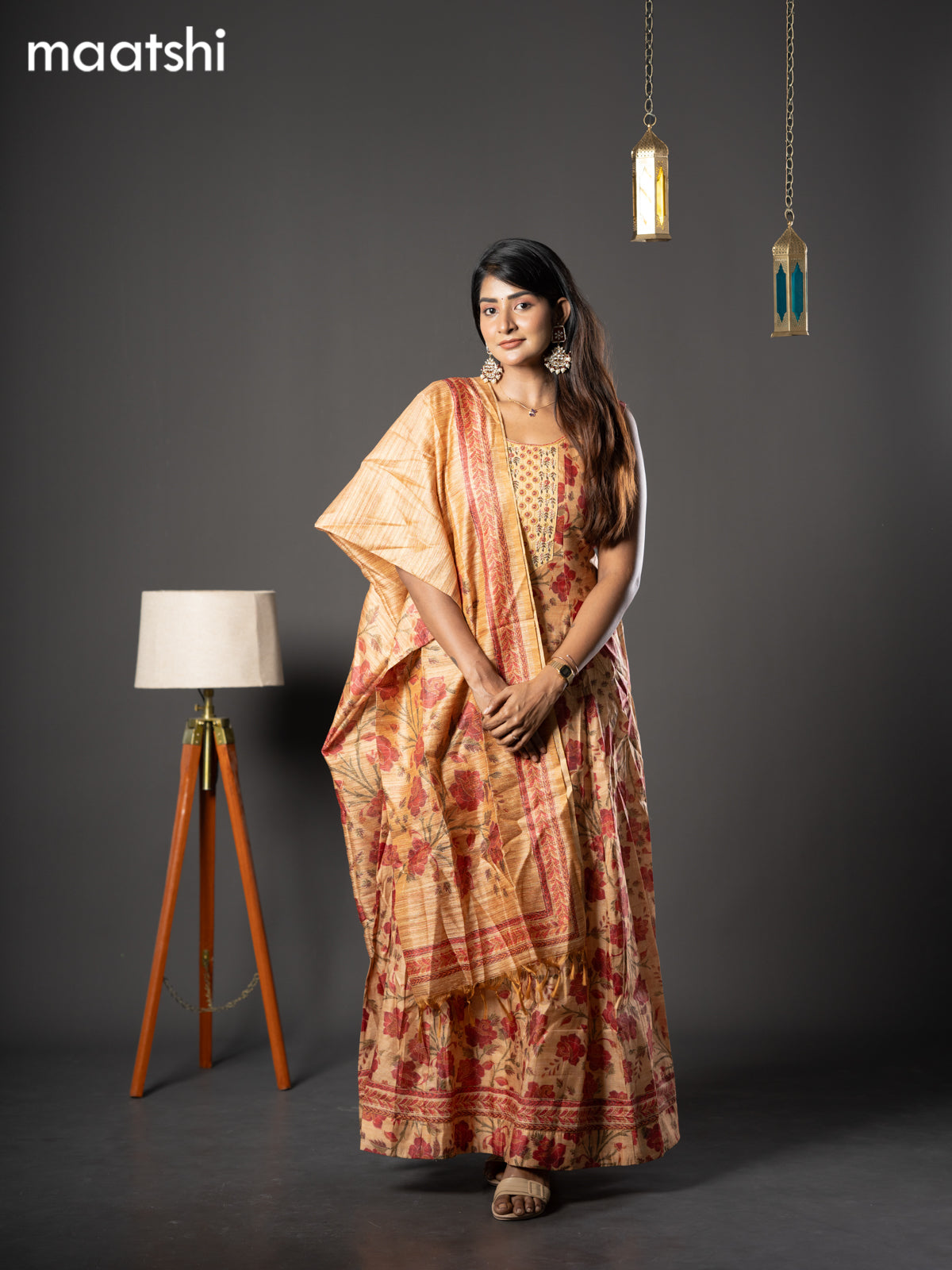 Chanderi readymade anarkali salwar suit mustard shade with allover prints & zardosi work neck pattern and straight cut pant & printed dupatta