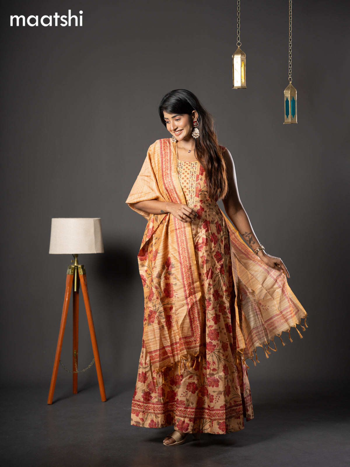 Chanderi readymade anarkali salwar suit mustard shade with allover prints & zardosi work neck pattern and straight cut pant & printed dupatta