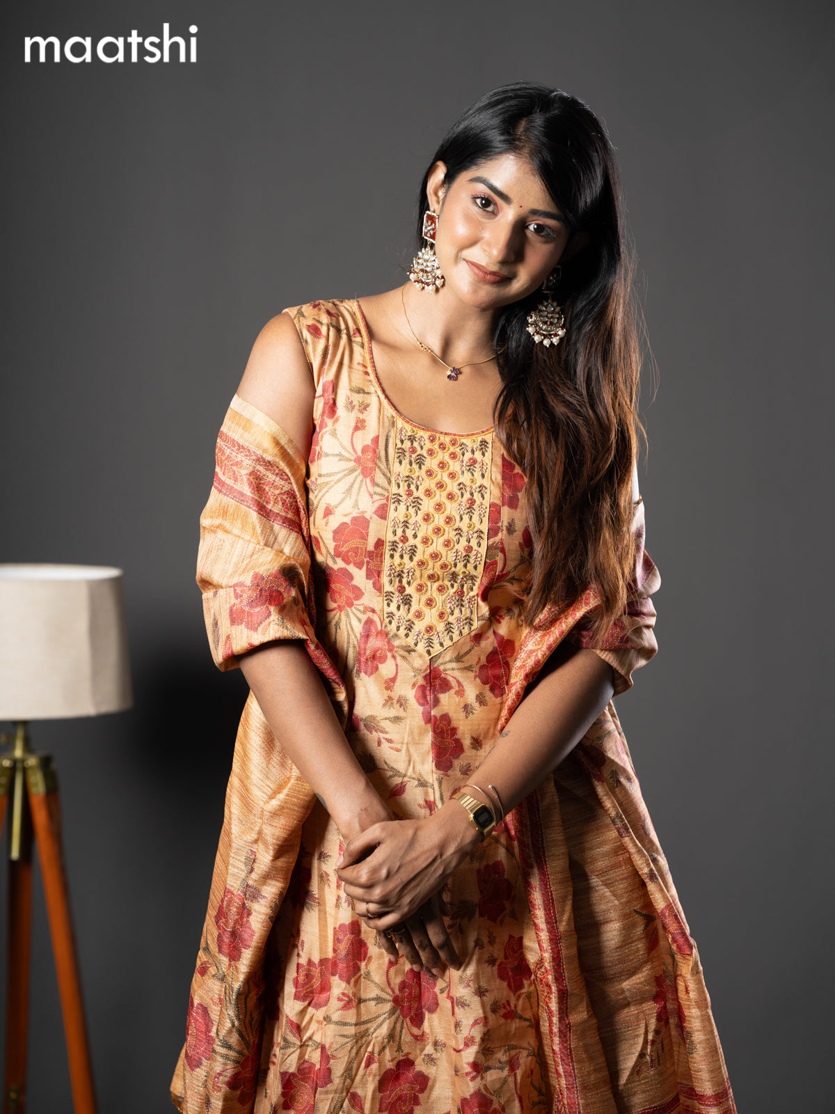 Chanderi readymade anarkali salwar suit mustard shade with allover prints & zardosi work neck pattern and straight cut pant & printed dupatta