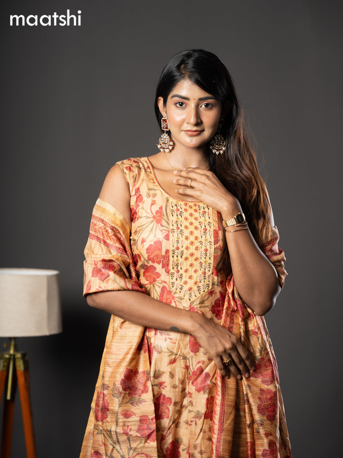 Chanderi readymade anarkali salwar suit mustard shade with allover prints & zardosi work neck pattern and straight cut pant & printed dupatta