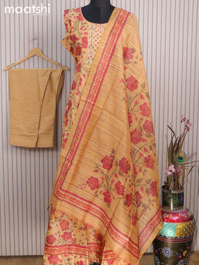Chanderi readymade anarkali salwar suits mustard shade with allover prints & zardosi work neck pattern and straight cut pant & printed dupatta