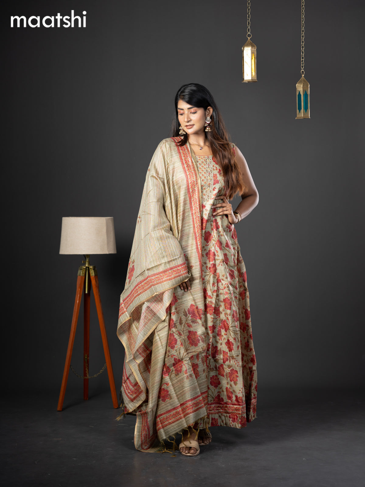 Chanderi readymade anarkali salwar suit pastel green with allover prints & zardosi work neck pattern and straight cut pant & printed dupatta