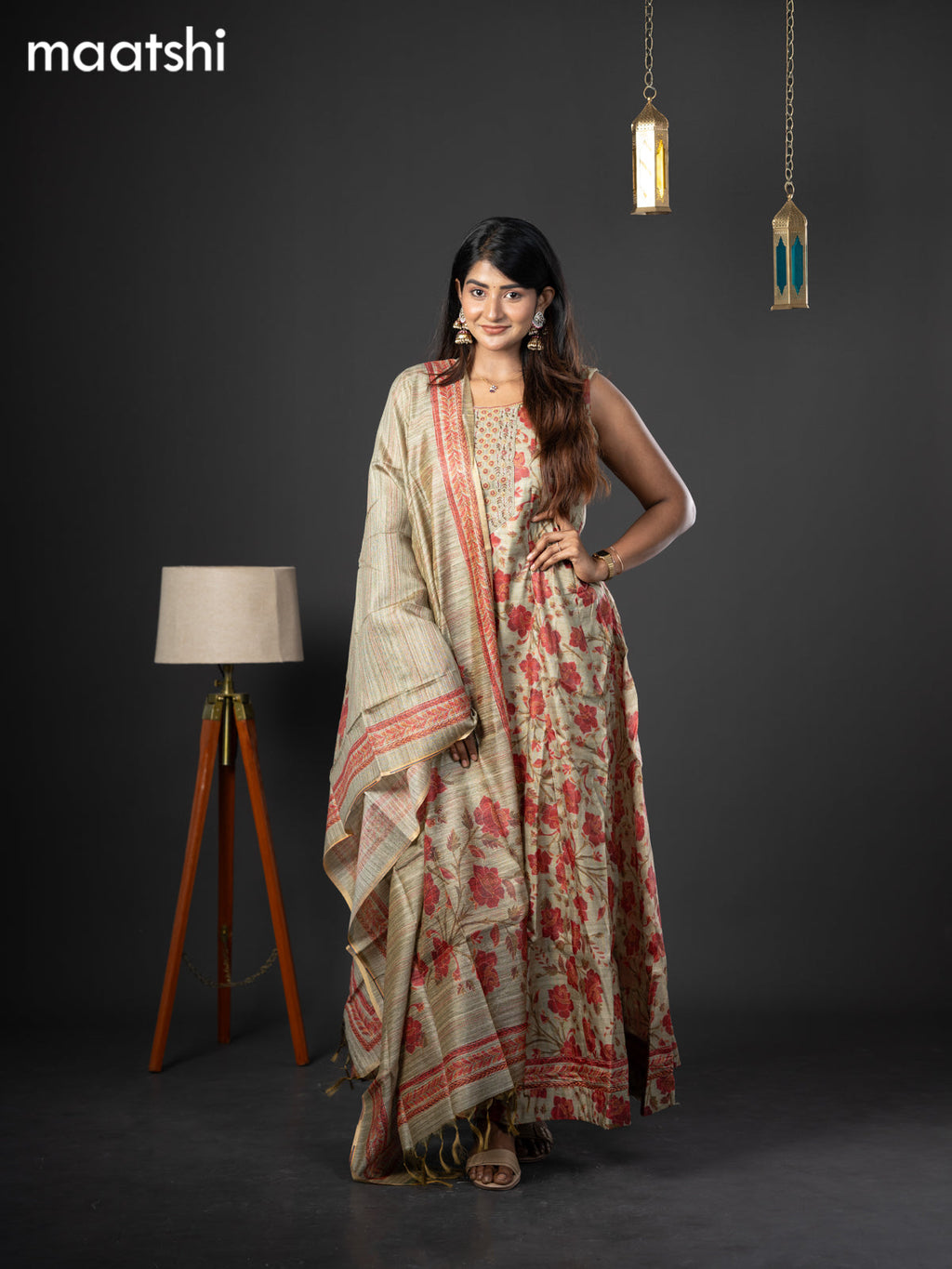Chanderi readymade anarkali salwar suit pastel green with allover prints & zardosi work neck pattern and straight cut pant & printed dupatta