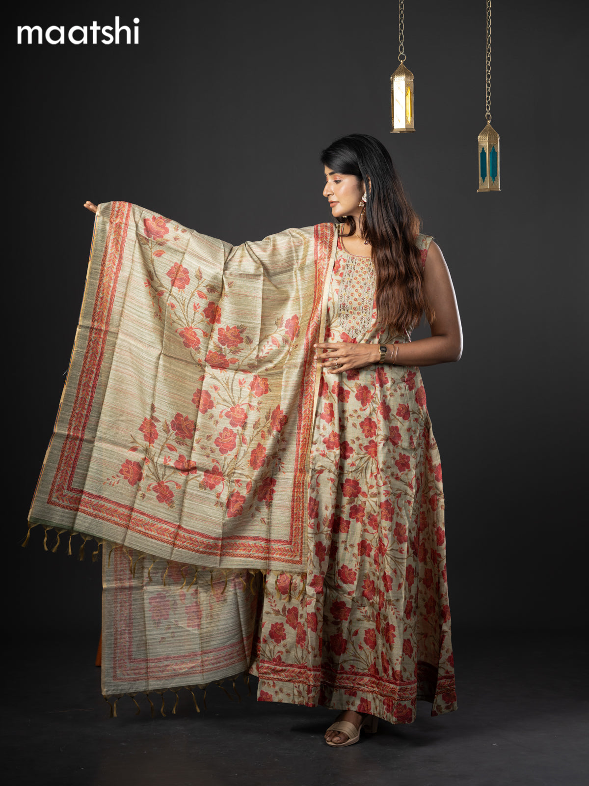Chanderi readymade anarkali salwar suit pastel green with allover prints & zardosi work neck pattern and straight cut pant & printed dupatta