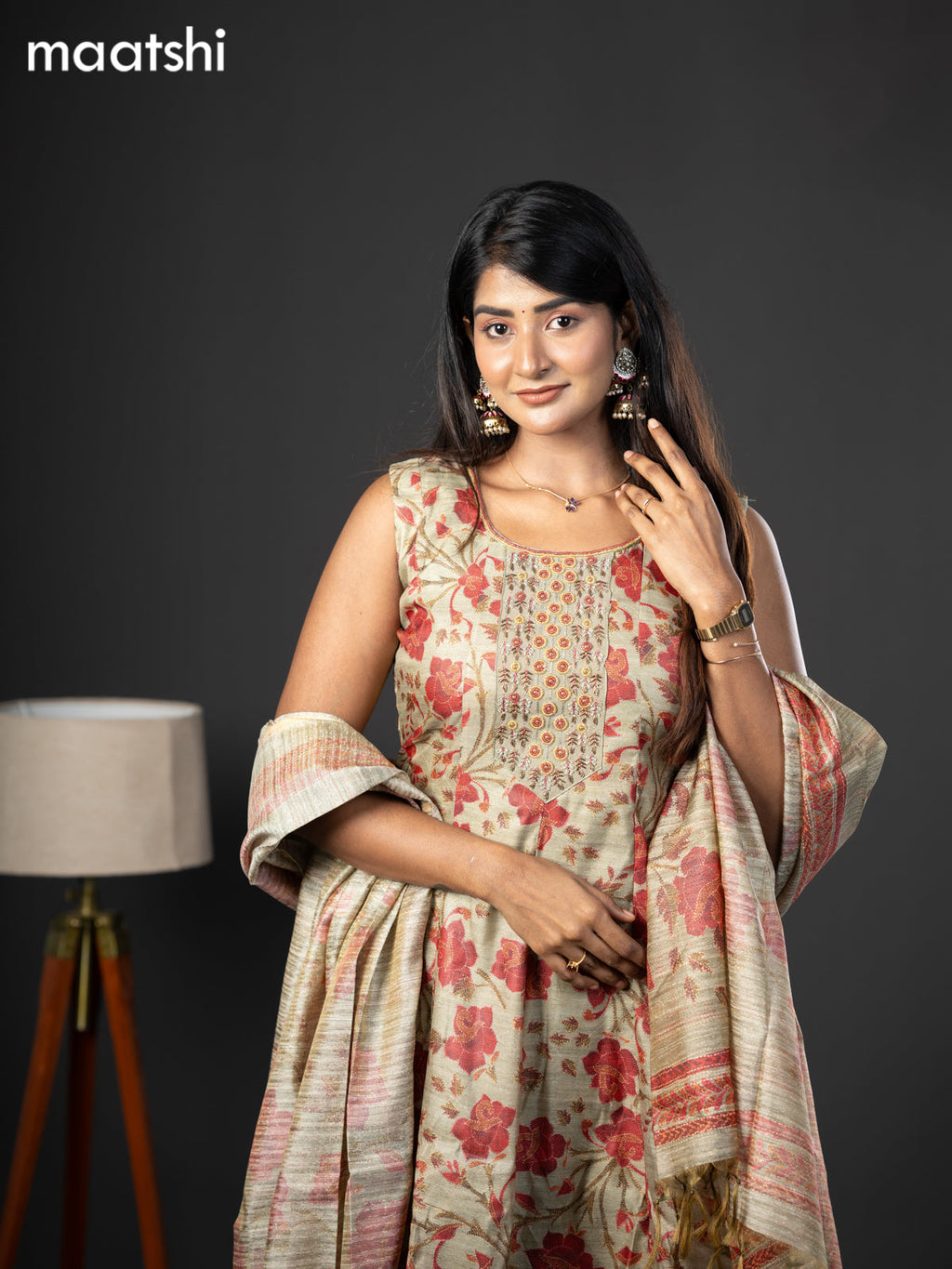 Chanderi readymade anarkali salwar suit pastel green with allover prints & zardosi work neck pattern and straight cut pant & printed dupatta