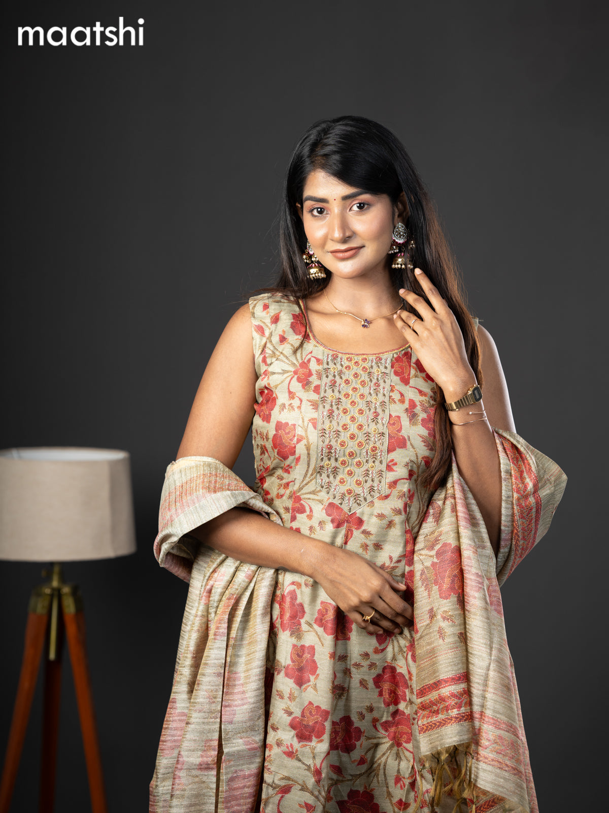 Chanderi readymade anarkali salwar suit pastel green with allover prints & zardosi work neck pattern and straight cut pant & printed dupatta