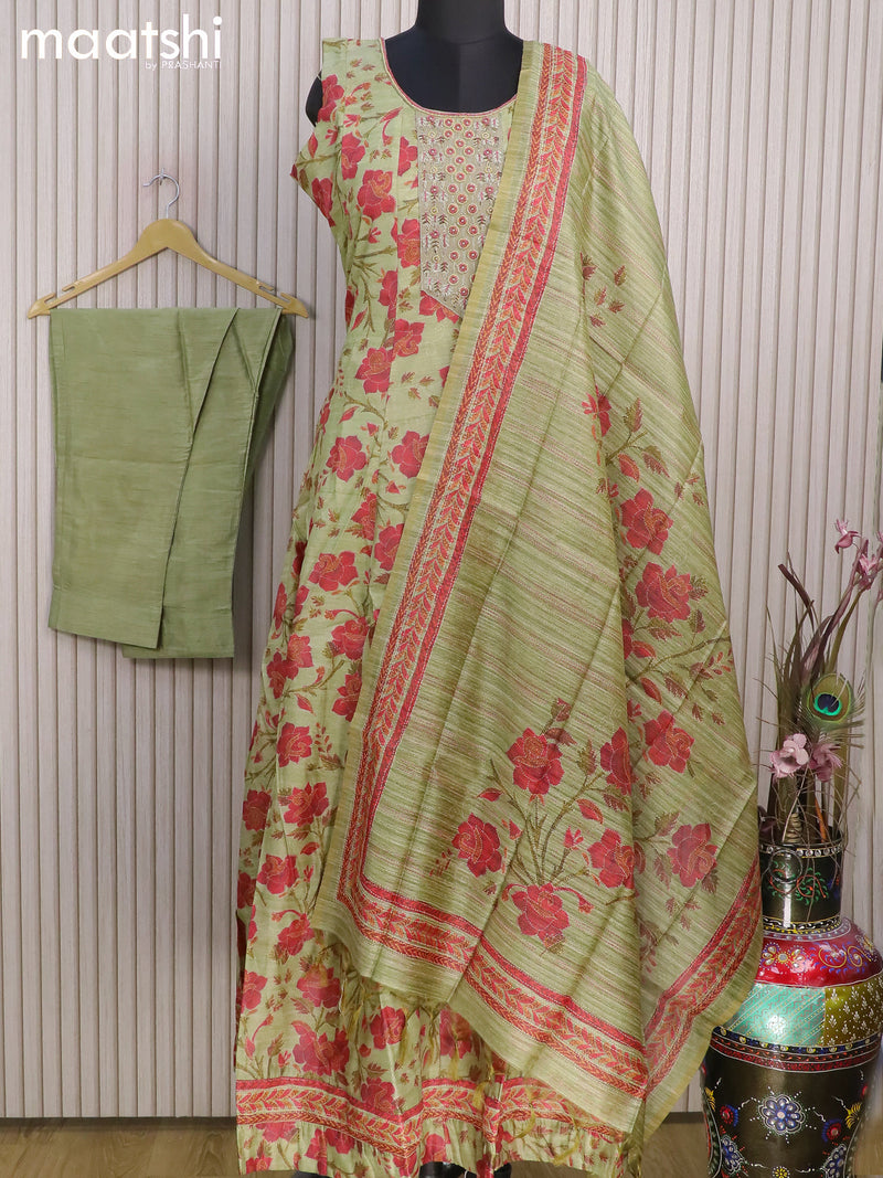 Chanderi readymade anarkali salwar suits pastel green with allover prints & zardosi work neck pattern and straight cut pant & printed dupatta