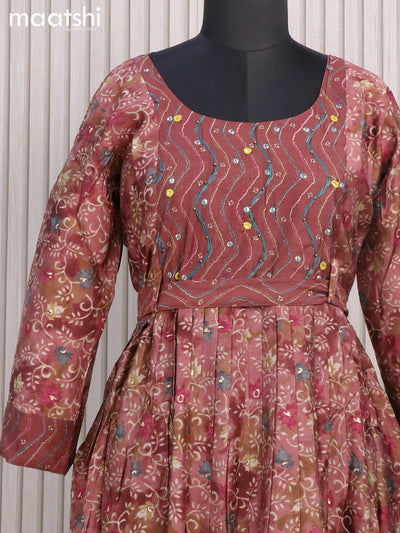 Muslin readymade floor length kurti maroon with allover prints & hip belt and without pant
