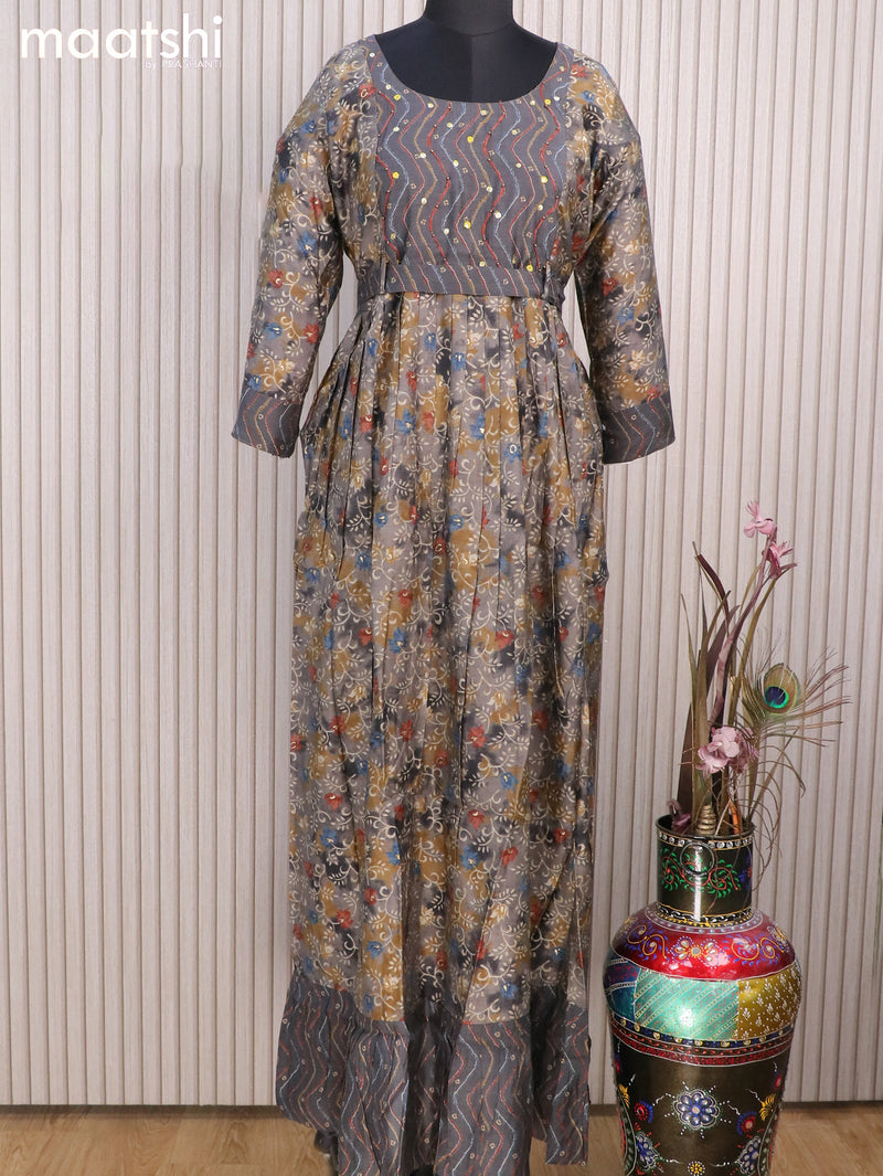 Muslin readymade floor length kurti grey with allover prints & hip belt and without pant