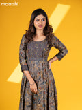 Muslin floor length dress grey with allover prints & hip belt and without pant