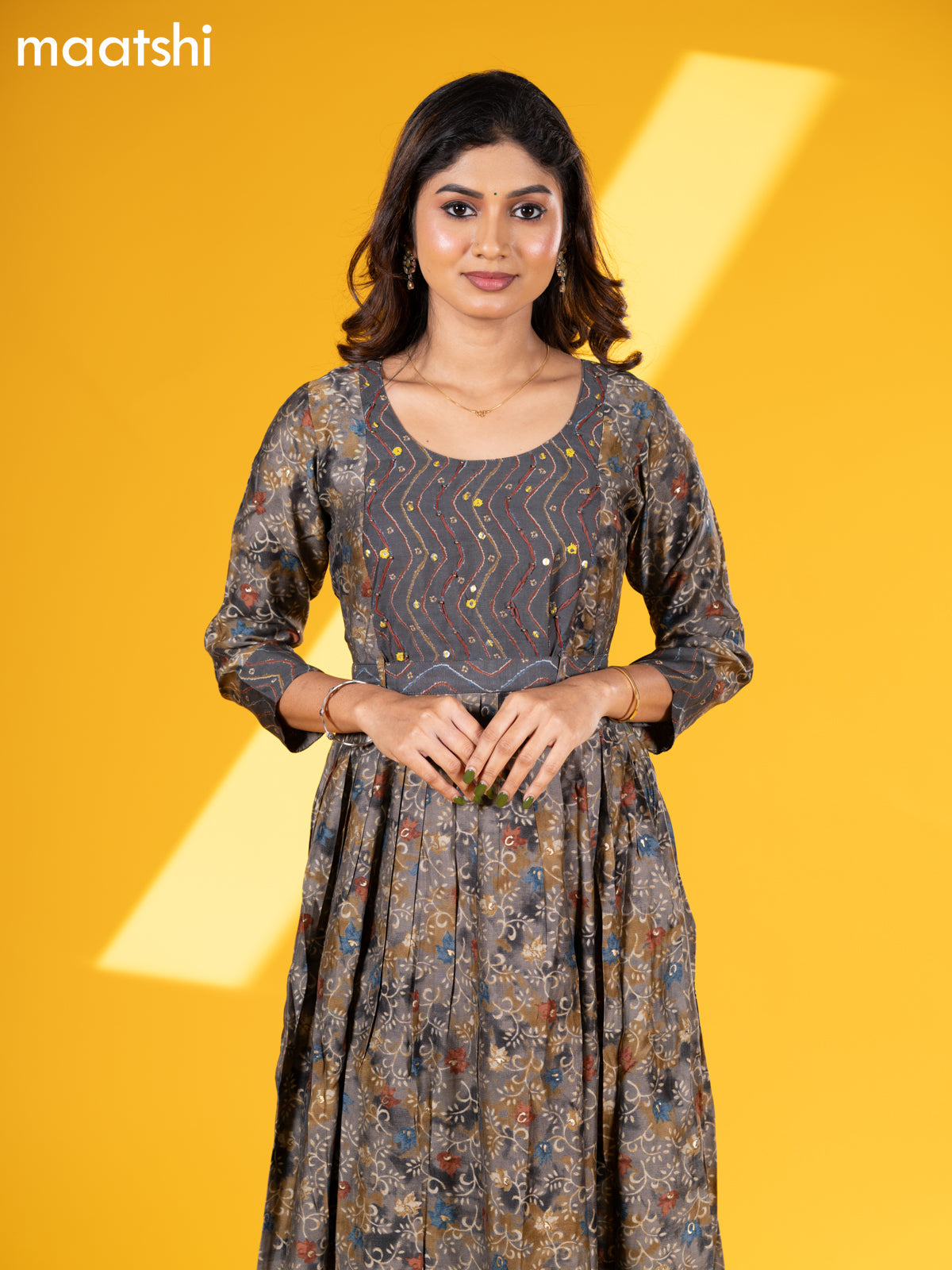Muslin floor length dress grey with allover prints & hip belt and without pant