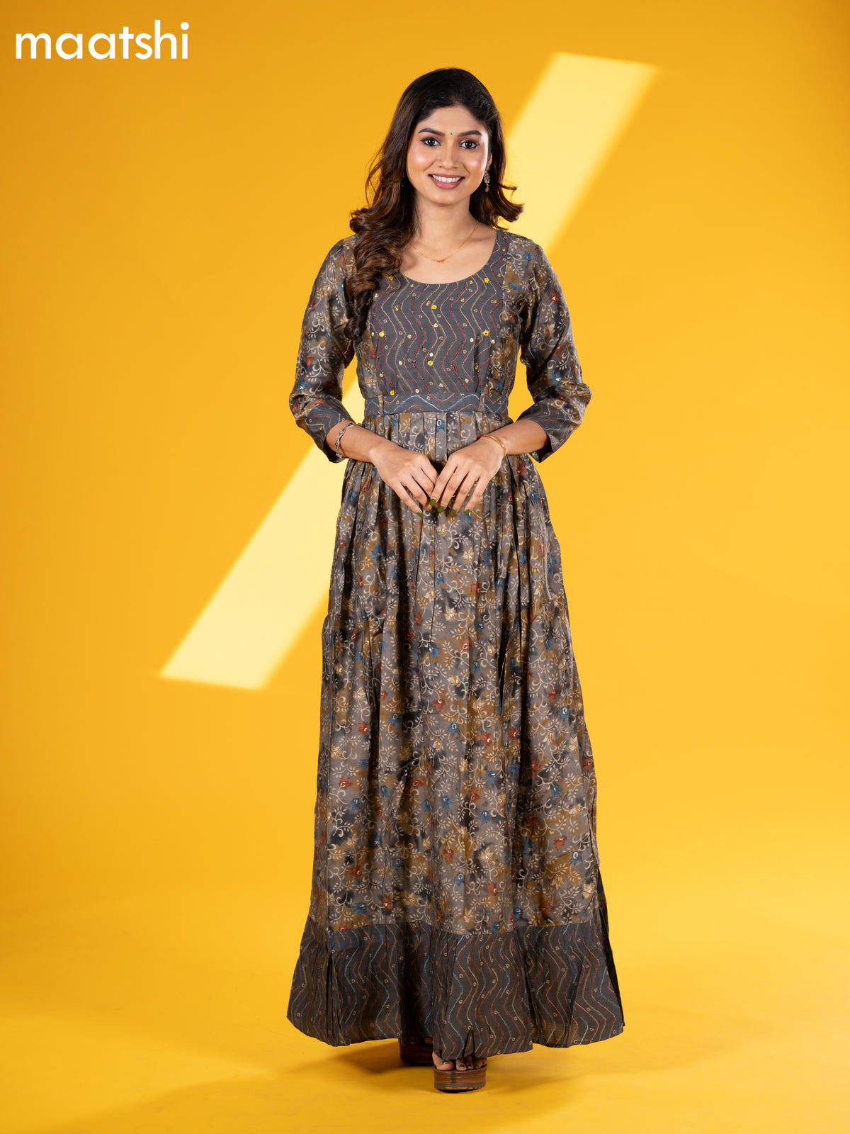 Muslin floor length dress grey with allover prints & hip belt and without pant