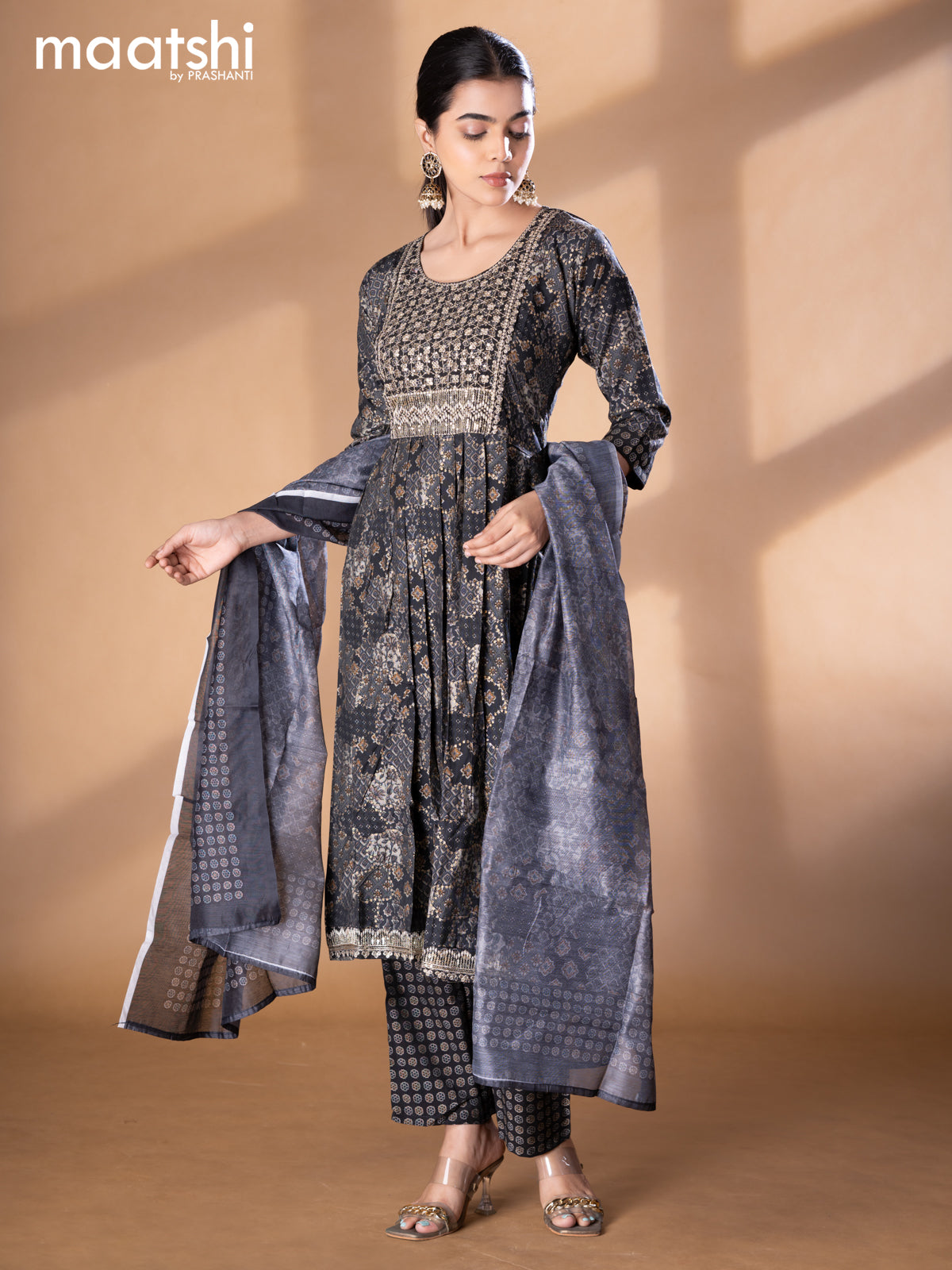 Modal readymade naira cut salwar suits elephant grey with allover prints & sequin work neck pattern and straight cut pant & printed dupatta