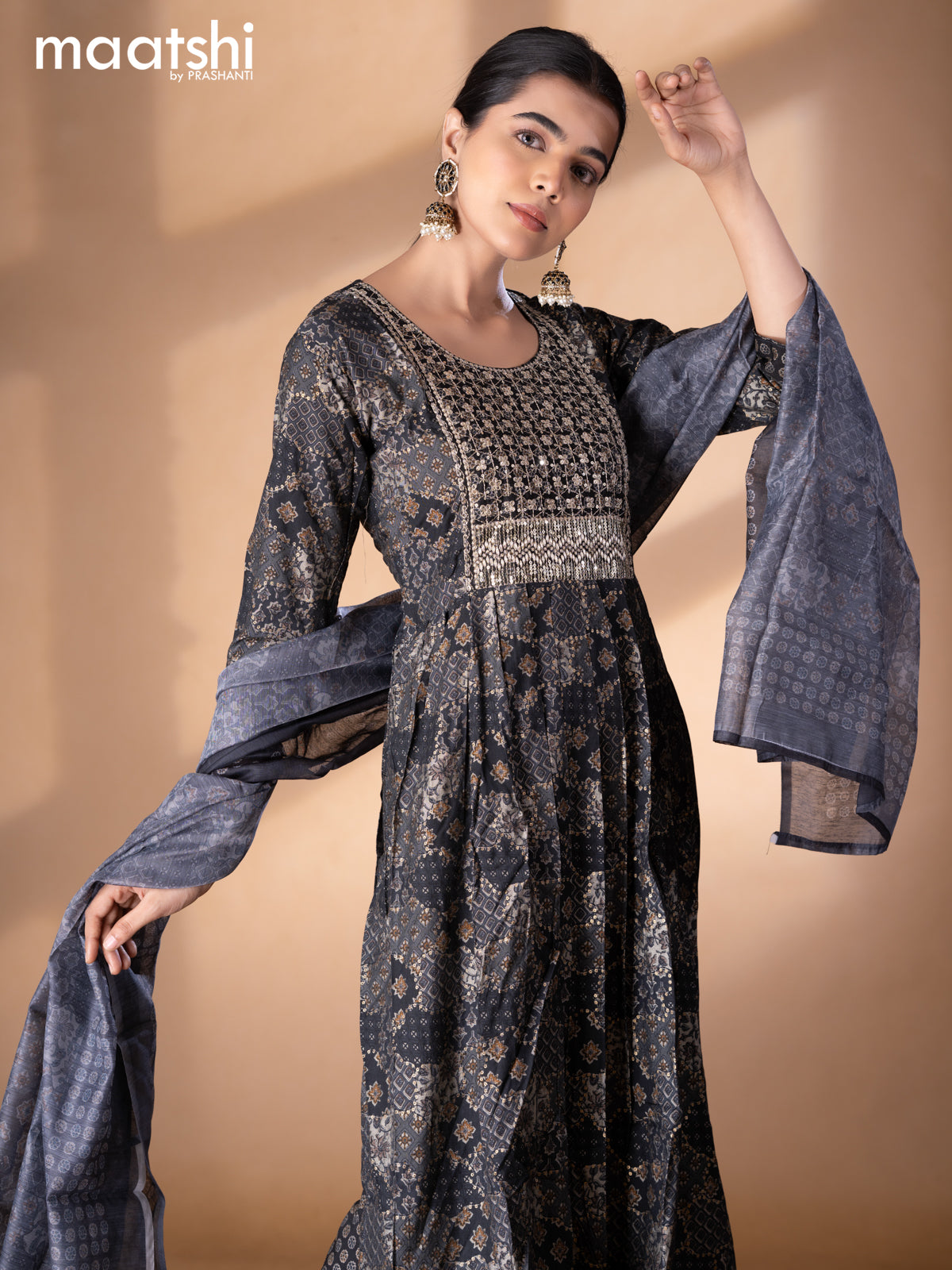 Modal readymade naira cut salwar suits elephant grey with allover prints & sequin work neck pattern and straight cut pant & printed dupatta
