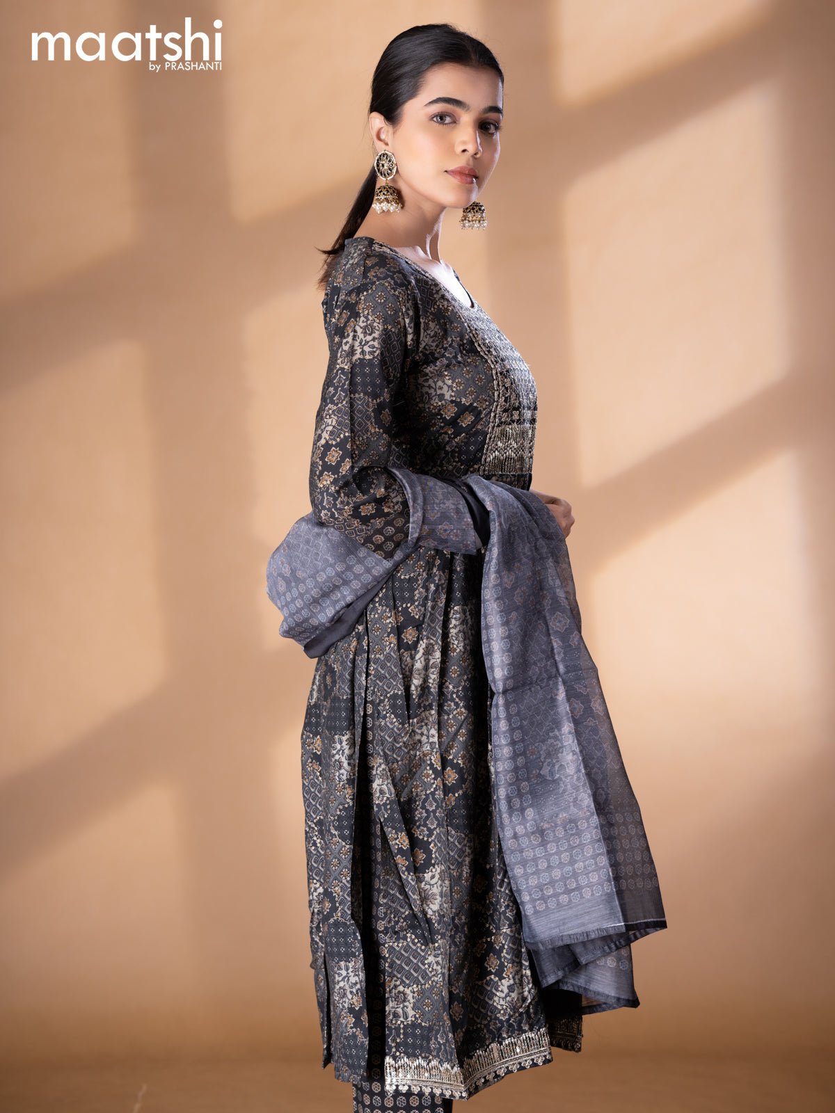 Modal readymade naira cut salwar suits elephant grey with allover prints & sequin work neck pattern and straight cut pant & printed dupatta