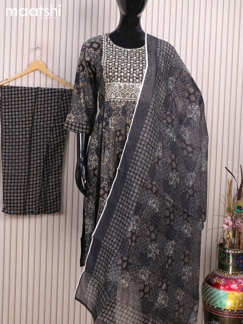 Modal readymade naira cut salwar suits elephant grey with allover prints & sequin work neck pattern and straight cut pant & printed dupatta