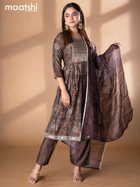 Modal readymade naira cut salwar suits brown with allover prints & sequin work neck pattern and straight cut pant & printed dupatta