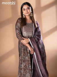 Modal readymade naira cut salwar suits brown with allover prints & sequin work neck pattern and straight cut pant & printed dupatta
