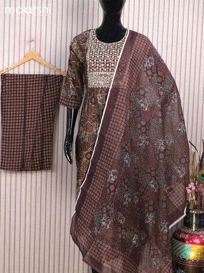 Modal readymade naira cut salwar suits brown with allover prints & sequin work neck pattern and straight cut pant & printed dupatta