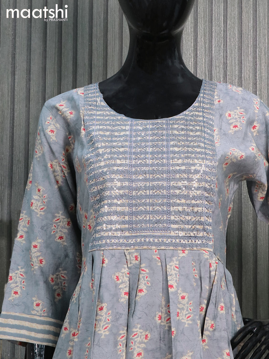 Modal readymade naira cut salwar suits grey with allover prints & sequin work neck pattern and straight cut pant & printed dupatta