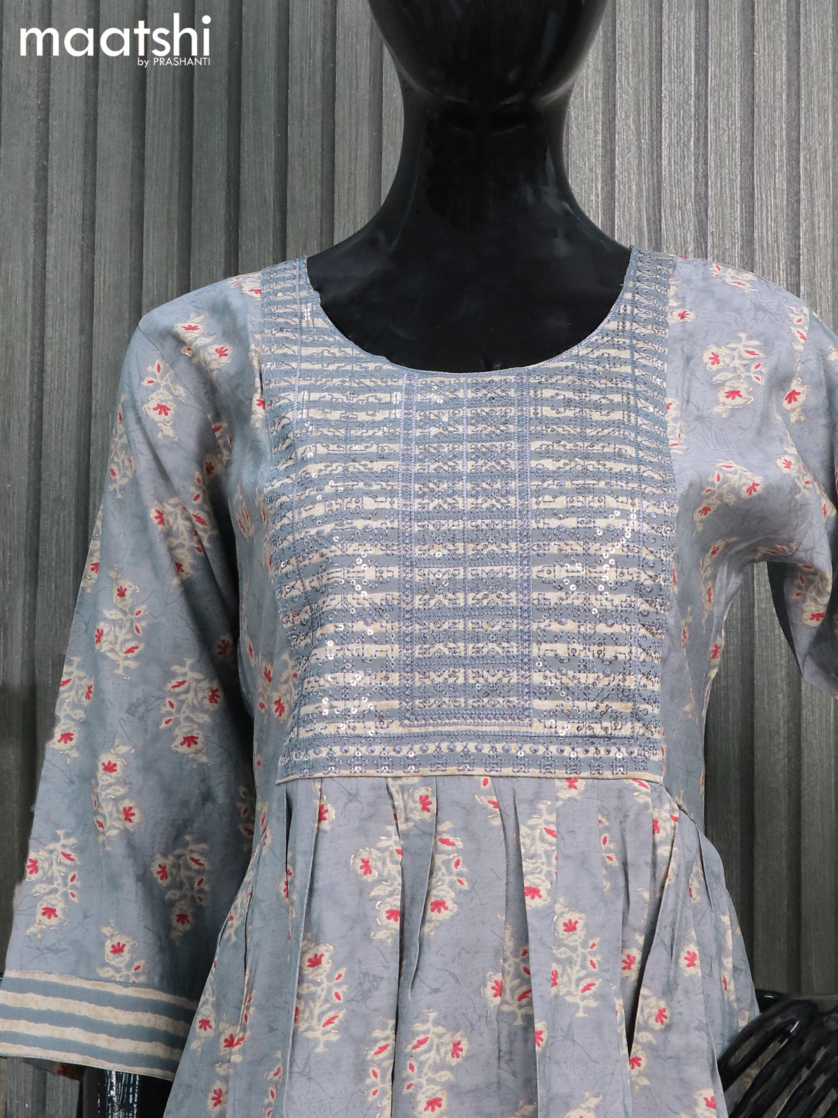 Modal readymade naira cut salwar suits grey with allover prints & sequin work neck pattern and straight cut pant & printed dupatta