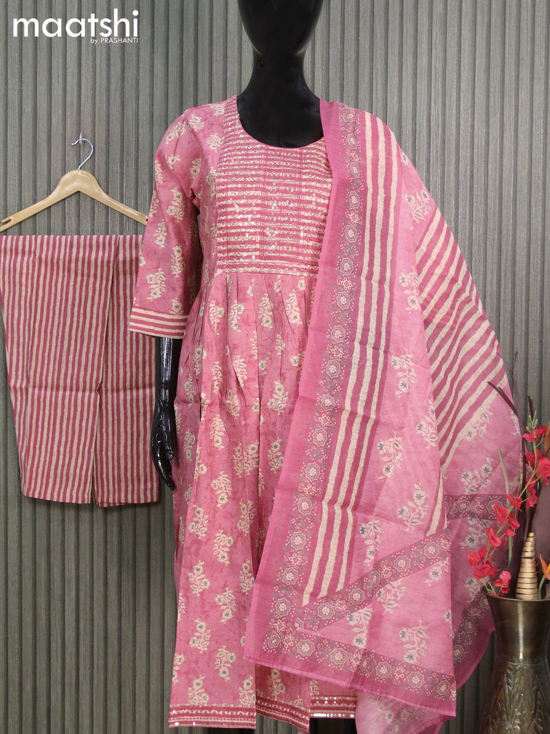 Modal readymade naira cut salwar suits pink shade with allover prints & sequin work neck pattern and straight cut pant & printed dupatta