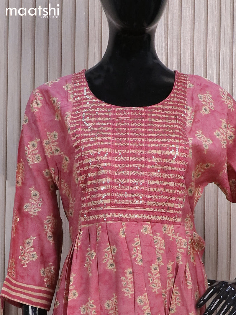 Modal readymade naira cut salwar suits pink shade with allover prints & sequin work neck pattern and straight cut pant & printed dupatta
