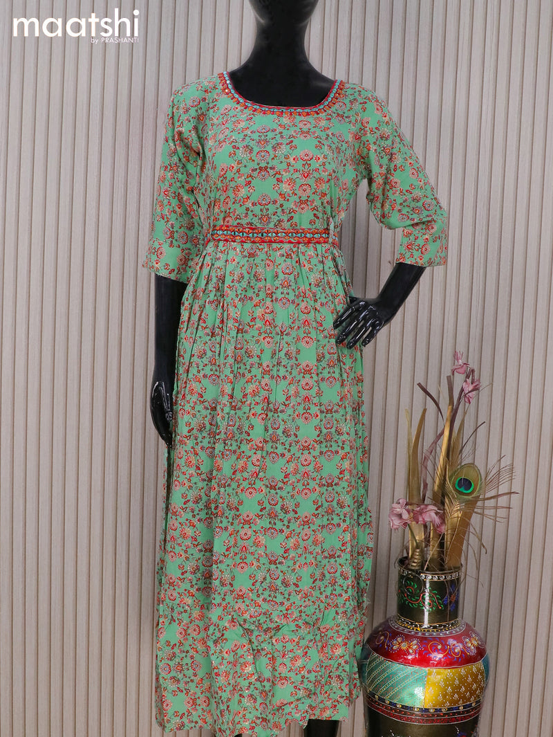 Rayon readymade umbrella kurti teal green with allover floral prints & mirror work neck pattern and without pant & hip belt