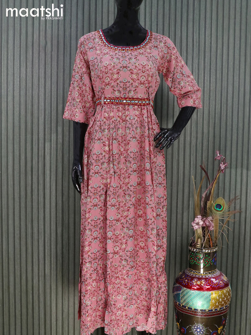 Rayon readymade umbrella kurti peach pink with allover floral prints & mirror work neck pattern and without pant & hip belt