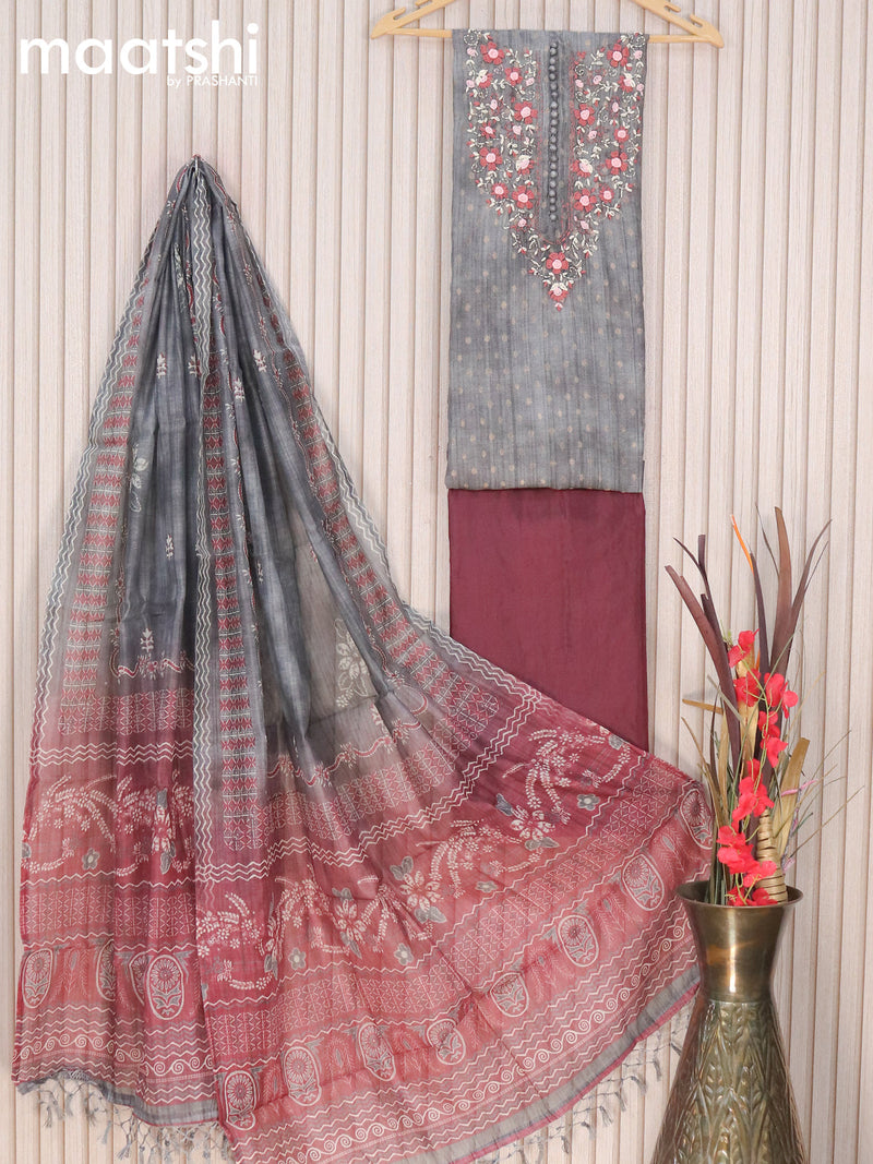 Raw silk dress material grey deep maroon with zari weaves & embroidery work neck pattern and pant & printed dupatta