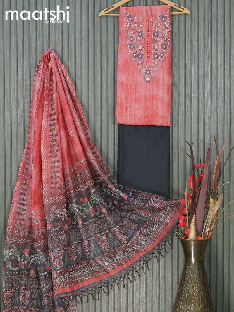 Raw silk dress material peach red shade elephant grey with zari weaves & embroidery work neck pattern and pant & printed dupatta