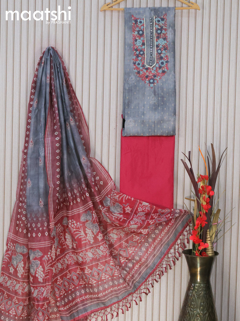Raw silk dress material grey pastel maroon with zari weaves & embroidery work neck pattern and pant & printed dupatta