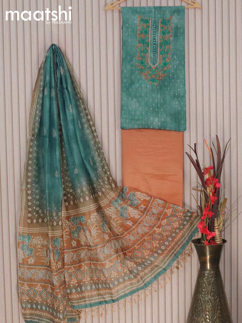 Raw silk dress material pastel green dark sandal with zari weaves & embroidery work neck pattern and pant & printed dupatta