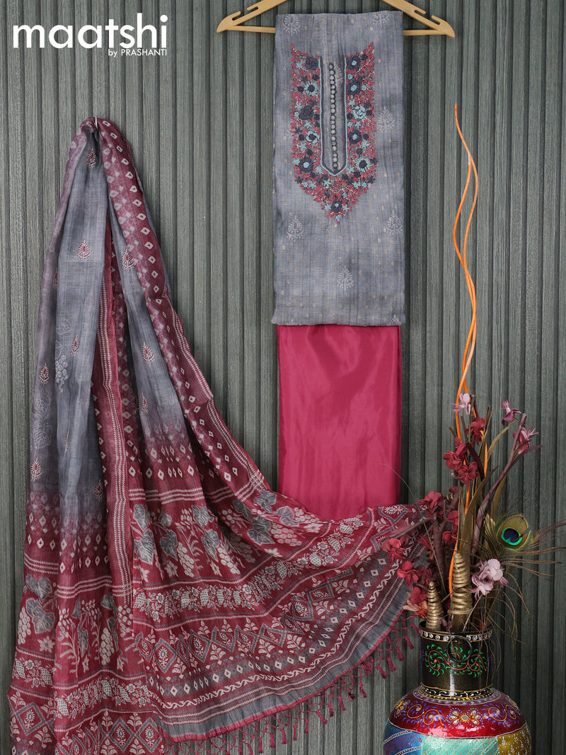 Raw silk dress material grey pastel maroon with zari weaves & embroidery work neck pattern and pant & printed dupatta