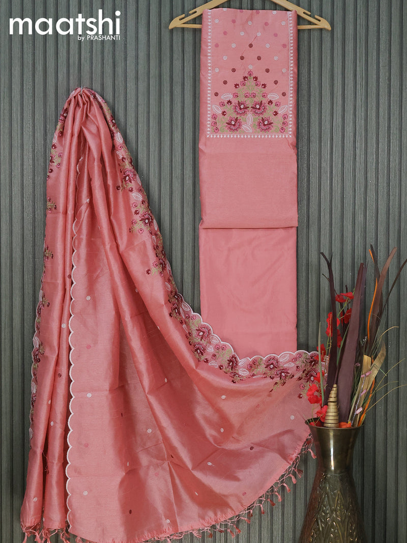 Raw silk dress material peach pink shade with embroidery work neck pattern and pant & embroidery duapatta