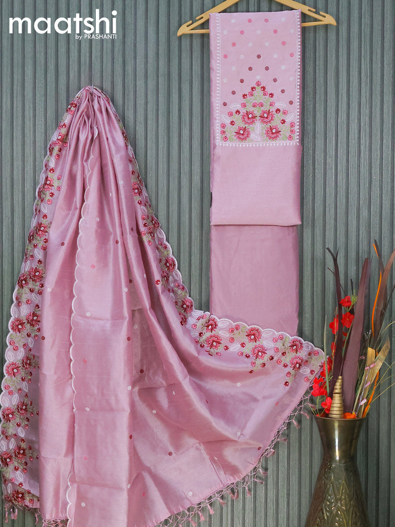 Raw silk dress material pastel pink with embroidery work neck pattern –  Maatshi