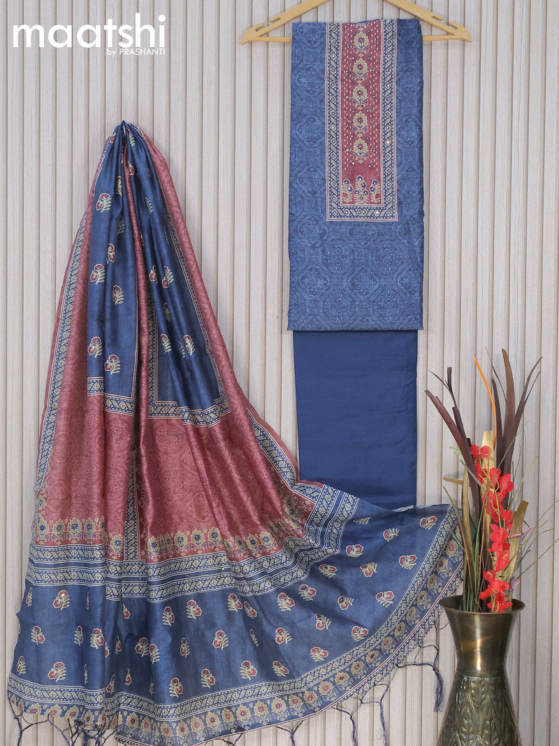 Chanderi dress material blue with allover prints & mirror work neck pattern and pant & printed duapatta