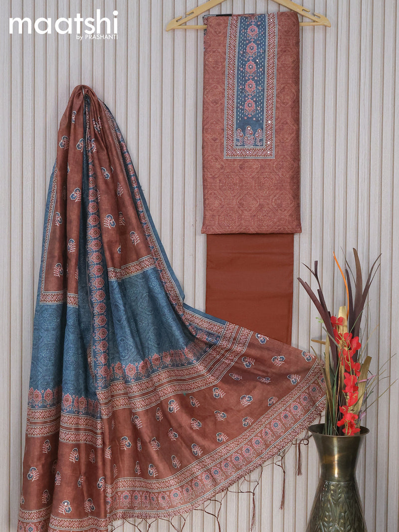 Chanderi dress material rustic brown with allover prints & mirror work neck pattern and pant & printed duapatta