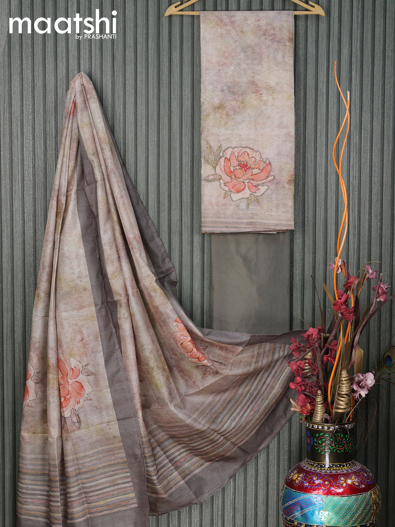 Chanderi dress material pastel grey grey with floral design embroidery and pant & printed dupatta
