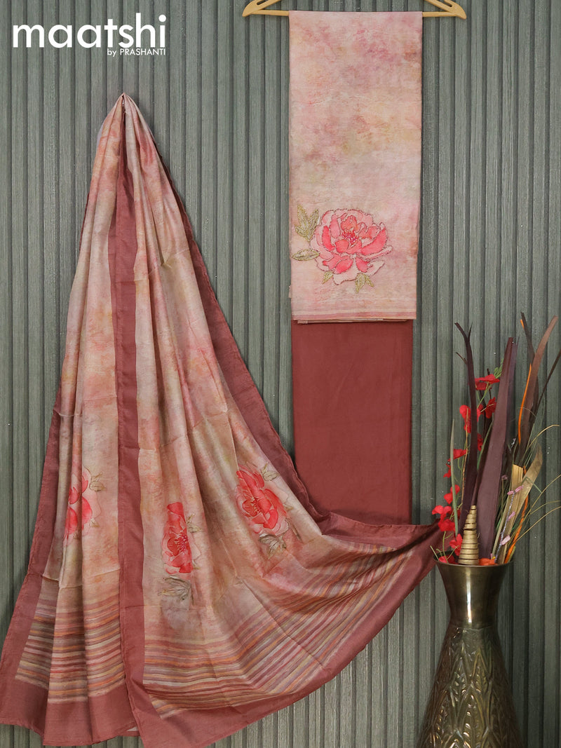 Chanderi dress material pastel pink shade brown with floral design embroidery and pant & printed dupatta