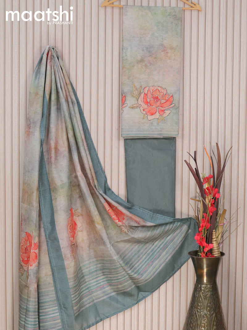 Chanderi dress material pastel shade greyish blue with floral design embroidery and pant & printed dupatta
